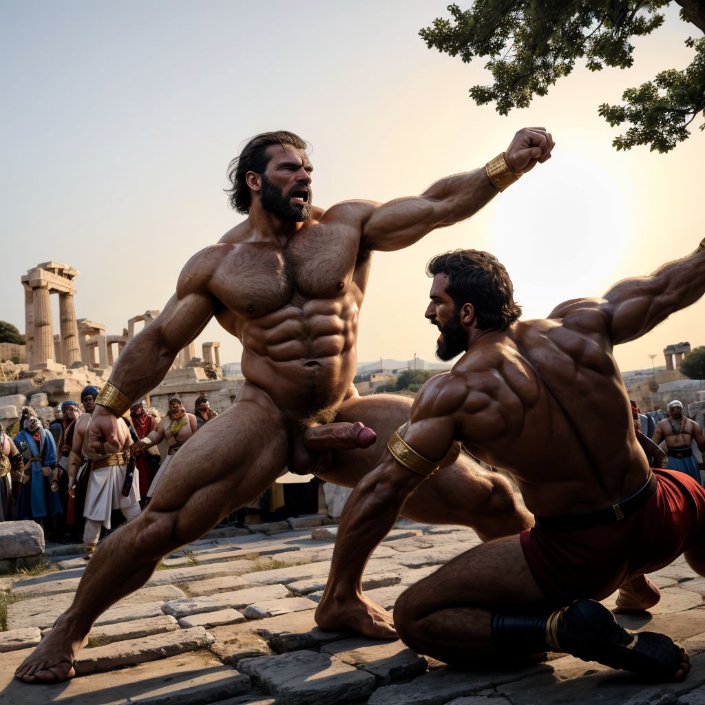 Harmodio y Aristogitón están desnudos. Tienen grandes testículos muy velludos. Luchan contra Hipias e Hiparco en Atenas. Luchan y saltan para dar puñetazos en el abdomen. Golpean con sus grandes penes. Son musculosos pero están delgados y bronceados. Tienen mucho vello por todo el cuerpo.