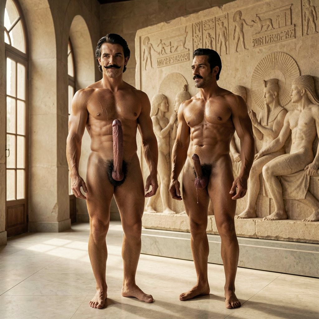 Two naked, muscular men pose standing in an ancient museum- or temple-style hall, illuminated by natural light entering through large arched windows. Both have dark mustaches, short hair combed back, and athletic bodies with defined abs; the man on the left looks forward with a serious expression and shows a very elongated erect penis, while the man on the right appears in partial profile, looking toward him, also with his penis visible. The setting combines a pale stone floor, beige walls, and carved Egyptian reliefs with human figures, hieroglyphs, and ceremonial scenes, creating a symmetrical, sculptural, and surreal composition with a classical aesthetic, frontal male nudity, and a historical archaeological atmosphere.