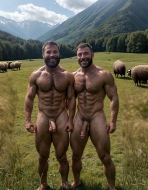 Dos hombres desnudos musculosos velludos están son pastores de ovejas en el prado verde. Están contentos y alegres. Tienen el pene grande de donde sale mucho semen líquido blanco. Tienen los testículos grandes y peludos.