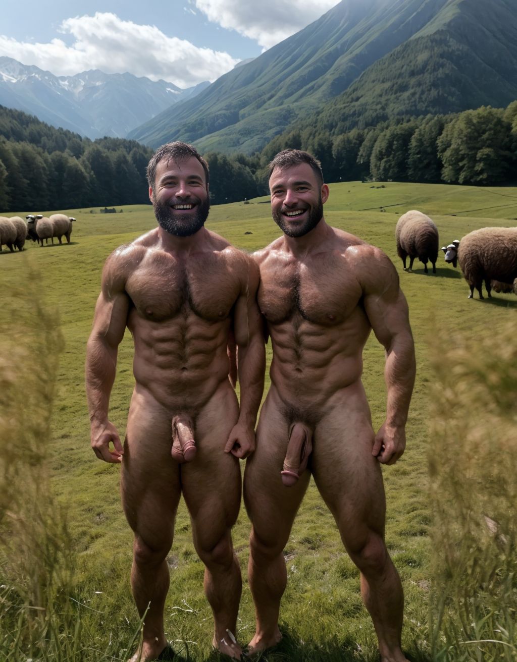 Dos hombres desnudos musculosos velludos están son pastores de ovejas en el prado verde. Están contentos y alegres. Tienen el pene grande de donde sale mucho semen líquido blanco. Tienen los testículos grandes y peludos.