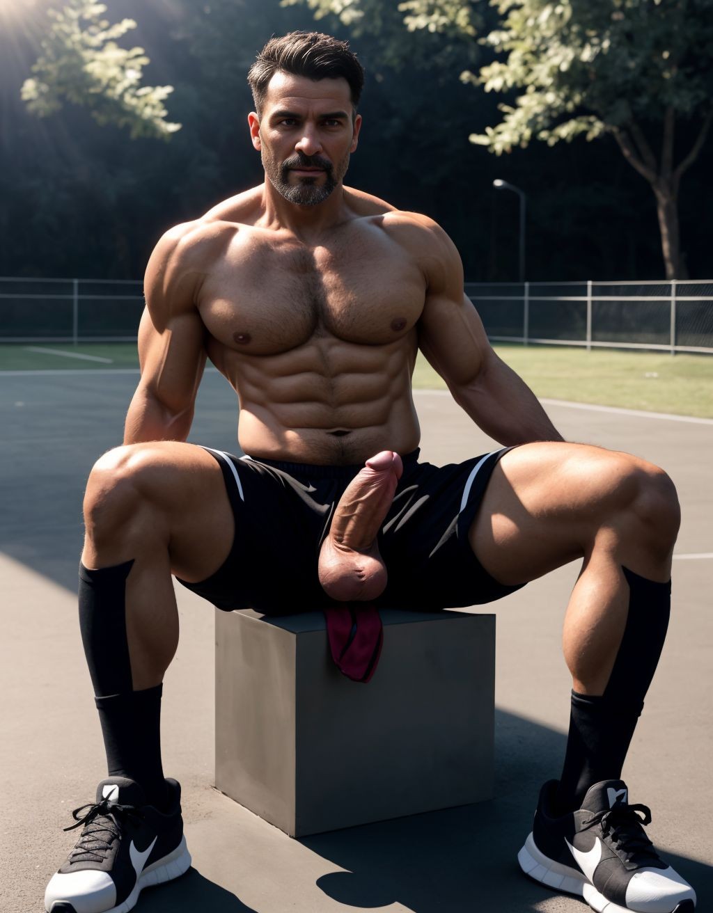 Hombre de 40 años moreno totalmente desnudo con zapatillas deportivas. Tiene pene grande perfecto.
