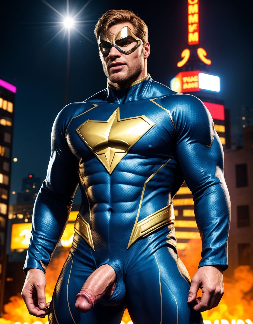  Booster Gold. Tiene el pene grande de donde sale mucho semen. Tiene los testículos grandes y peludos. Está de cuerpo entero y de pie.