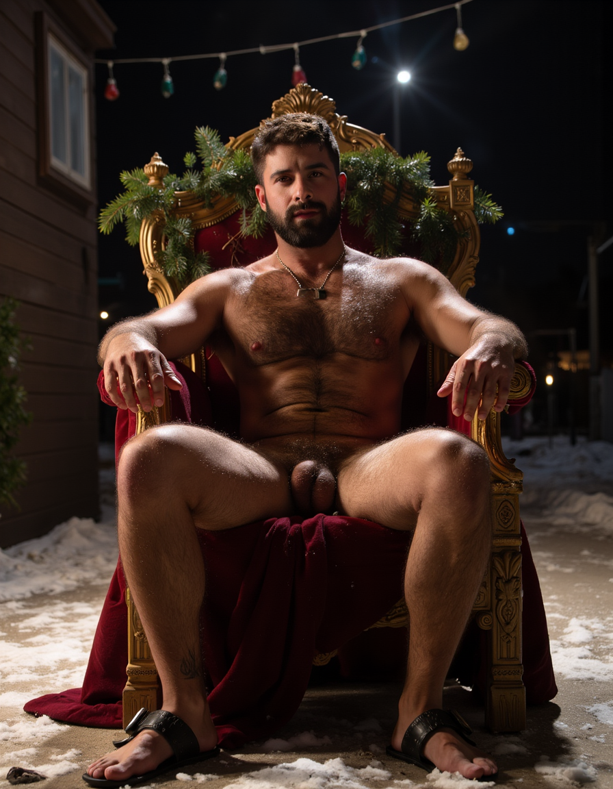 Un hombre Mohamed de 25 años de edad de 180cm de altura está totalmente desnudo y tiene un pene de 25cm de longitud y 6cm de diámetro. Tiene una aureola luminosa y brillante alrededor de su cabeza. Tiene pelo rubio y tiene barba rubia y su cara es cuadrada y varonil, hombre Mohamed ((NO NIÑO)) está sentado en un trono estilo rococó dorado con adornos navideños, bajo la quietud de la noche, de fondo se ve una estrella de Navidad y adornos de navidad. Hombre Mohamed tiene músculos marcados y definidos, está totalmente desnudo y tiene un pene erecto de 25cm de longitud y 6cm de diámetro. El ambiente irradia una calidez palpable, una atmósfera cargada de seguridad, sensibilidad y el amor más puro.
A ambos lados del hombre Mohamed de 25 años de edad (que está totalmente desnudo y tiene un pene de 25cm de longitud y 6cm de diámetro) con miradas llenas de ternura, están sus dos padres: hombre José y hombre Mario. Dos figuras de presencia sólida y varonil que llenan el espacio de protección. A la derecha del hombre Mohamed ((de 25 años de edad que está totalmente desnudo y tiene un pene de 25cm de longitud y 6cm de diámetro)) se encuentra el hombre José que está totalmente desnudo, tiene 50 años de edad, tiene cuerpo muy atlético, se aprecian sus músculos de gimnasta, tiene pene erecto de 28cm de longitud y 8cm de diámetro, es un renombrado carpintero cuyas manos fuertes y hábiles son admiradas por todos, tiene cabello largo en su cabeza de color moreno, tiene un rostro ancho y cuadrado, tiene abundante barba de pelo moreno, tiene profundos ojos grises, y su cuerpo está delgado, de aspecto atlético, tiene mucho vello oscuro, se inclina con devoción hacia su hijo ((NO NIÑO)) el hombre Mohamed ((de 25 años de edad que está totalmente desnudo y tiene un pene de 25cm de longitud y 6cm de diámetro).
A la izquierda está el hombre Mario, tiene 55 años de edad y es un próspero pastor de piel blanca, cuya fortaleza se adivina en sus músculos definidos bajo una complexión delgada, está totalmente desnudo, tiene pene erecto de 35cm de longitud y 9cm de diámetro, tiene cabello pelirrojo medio corto, tiene abundante vello rojizo en su cuerpo en su pecho brazos y piernas que brilla bajo la luz. En los rostros masculinos de ambos padres (hombre José y hombre Mario)  hay ternura y felicidad, pero también hay un inmenso cariño y una sensibilidad desbordante mientras sus ojos confluyen en el hombre Mohamed ((de 25 años de edad que está totalmente desnudo y tiene un pene de 25cm de longitud y 6cm de diámetro)), el centro de sus vidas y de su nuevo hogar. De fondo hay estrellas parpadeando de colores y arriba se ve la estrella de Navidad y el suelo está nevado rodeado de plantas de pascua, Tienen sandalias en sus pies.