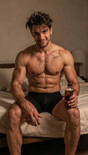 Hombre musculoso sentado en el borde de una cama deshecha, con el torso desnudo, abundante vello en el pecho y abdominales marcados, llevando únicamente un bóxer negro ajustado. Tiene el pelo oscuro, despeinado y húmedo, barba corta y una expresión segura con media sonrisa mientras mira directamente a la cámara. En una mano sostiene una botella de cristal con líquido ámbar, tipo whisky o licor, que refuerza un ambiente íntimo y relajado. La escena transcurre en un dormitorio de tonos cálidos, con sábanas claras arrugadas, cabecero oscuro y una lámpara de mesa al fondo, bajo una iluminación suave que resalta la piel, los músculos y el aire sensual de retrato masculino.