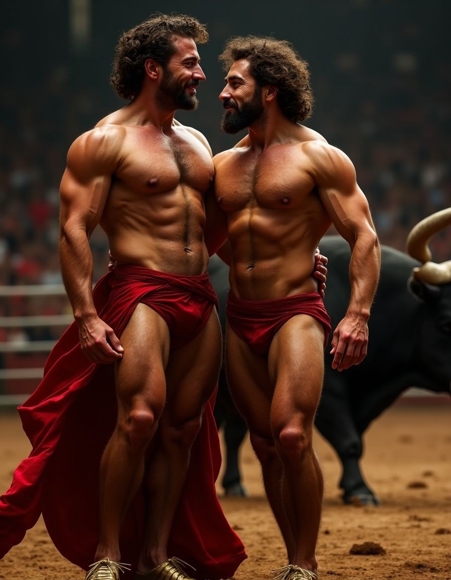 Un torero español musculoso y velludo de 50 años, con torso atlético y marcado, se muestra completamente desnudo, destacando su pene de 30 cm de longitud y 5 cm de grosor, perfectamente formado y rodeado de un denso vello púbico castaño oscuro. Sus testículos, perfectamente formados, cuelgan de forma prominente. La piel bronceada y sudorosa resalta su musculatura definida, con pectorales y abdominales bien marcados y sin grasa. El cabello largo y castaño oscuro está despeinado y sudoroso, con gotas de sudor resbalando por su frente y mejillas. Una barba incipiente y un vello corporal denso que se extiende por su pecho, piernas y brazos completan su apariencia viril. Lleva zapatillas doradas en sus pies.

A su lado, un hombre musculoso y velludo de 30 años, completamente desnudo, muestra un pene de 30 cm de longitud y 7 cm de grosor, hermoso y perfecto, rodeado de un denso vello púbico pelirrojo. Su piel bronceada y sudorosa muestra una musculatura definida, con pectorales y abdominales muy marcados. Tiene cabello pelirrojo despeinado y sudoroso. Tiene una barba pelirroja densa pero bien recortada. El vello corporal pelirrojo denso cubre su pecho, y tiene mucho vello pelirrojo en sus piernas y brazos, lo que realza su apariencia masculina y atlética. Están en la plaza de toros con un toro salvaje. Se aman

Ambos hombres se encuentran en una plaza de toros, con sombras que resaltan su musculatura y vello corporal, creando un ambiente sensual y cargado de tensión. Están en pleno acto de pasión, con sus penes erectos y testículos prominentes ,destacando su musculatura, vello corporal y atributos viriles en una imagen impactante y llena de energía. La escena está llena de sensualidad y poder, con los dos hombres como protagonistas, en un ambiente cargado de pasión y erotismo. La imagen es híper realista, con detalles de alta calidad, y muestra la unión de los dos hombres en un acto de pasión y dominio, con sus cuerpos musculosos y velludos completamente desnudos y visibles, mostrando su excitación y pasión en cada detalle. Tienen sus penes erectos. Están totalmente desnudos. Tienen un pene de 40 cm de longitud y 7 cm de diámetro. Son felices y sonríen. Amor. Se abrazan por la cintura con fuerza y pasión, están muy juntos. Sexo fuerte.