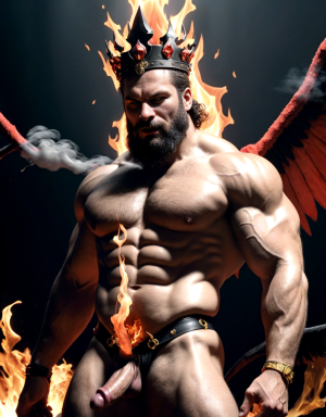 Cneo Pompeyo Magno desnudo con pene grande y testículos grandes peludos. Dobla el brazo derecho para enseñar los bíceps del brazo derecho con gran orgullo. Tiene mucho vello por todo el cuerpo. Está bronceado. Tiene corona de oro. Tiene alas de diablo negras y rojas oscuro. Los brazos están hacia arriba implorando rayos y fuego. Tiene un chorro de fuego en el pene erecto que sale a chorros rojos hacia arriba de su pene erecto tieso hacia arriba. Sus ojos son grandes y rojos. Está alumbrado con mucha luz blanca y roja por todo el cuerpo. Está rodeado de llamas y humo. Tiene cara fuerte con aspecto de malvado y con barba muy grande. Tiene sandalias negras en los pies. Está delgado.