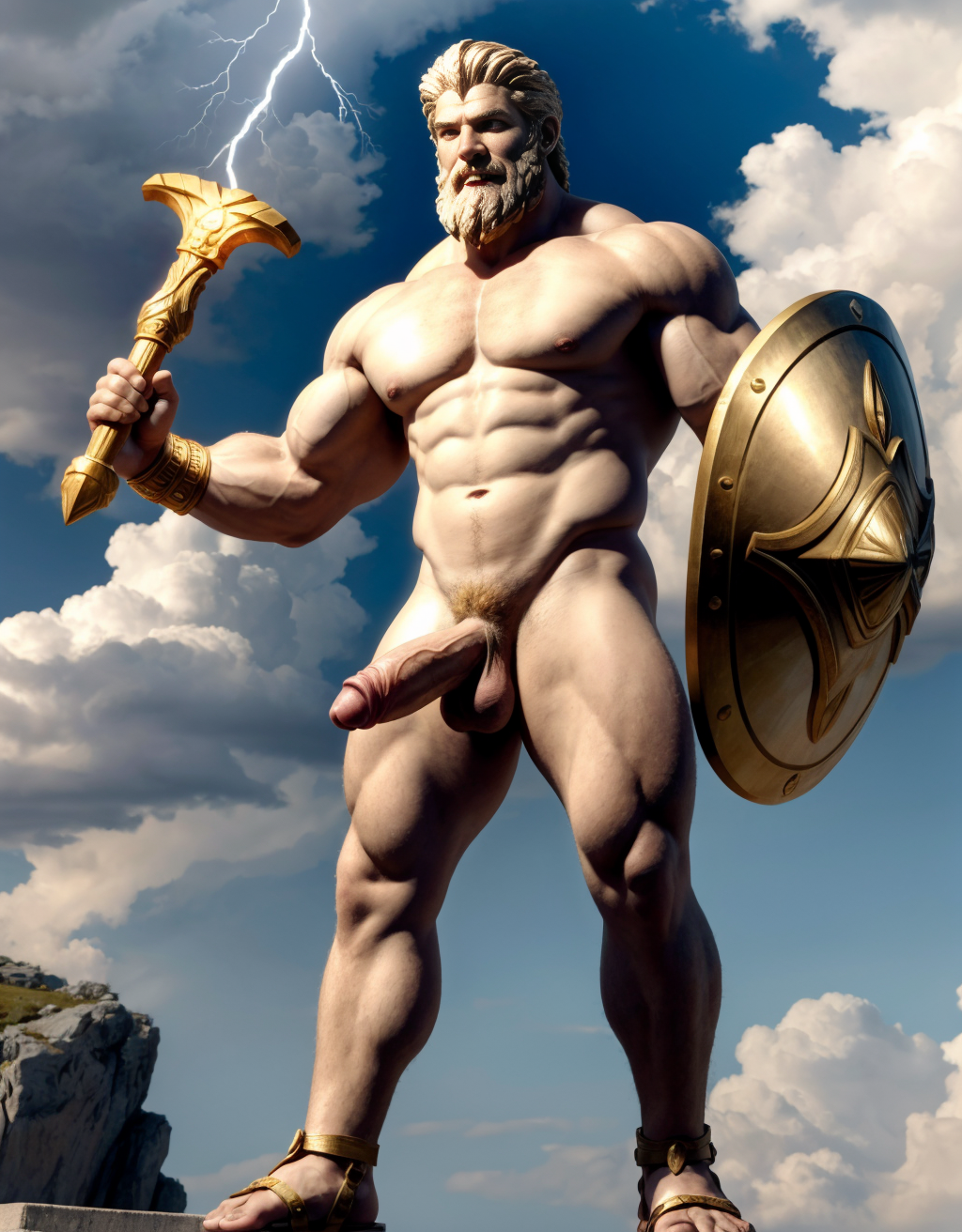 Zeus es el dios supremo del Olimpo en la mitología griega. Está desnudo. Es conocido por controlar el cielo, los truenos y los rayos. Tiene un escudo con dibujo de una águila y un cetro. Tiene pene grande. Tiene testículos muy grandes. Tiene sandalias de color marrón en sus pies. Levanta brazo para enseñar bíceps con orgullo