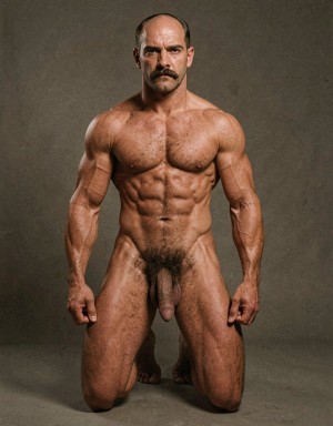 Hombre desnudo y muy musculado arrodillado de frente sobre un suelo de estudio, con el torso erguido, los puños cerrados a ambos lados y una expresión seria e intensa. Presenta cabeza parcialmente calva, bigote oscuro, hombros anchos, pectorales marcados, abdomen definido, brazos y piernas muy vascularizados, además de abundante vello púbico y el pene visible en posición natural. La iluminación lateral resalta la textura de la piel, la musculatura y las sombras anatómicas, mientras el fondo gris oscuro y neutro crea una estética de retrato físico, sobria y centrada en el cuerpo masculino.
