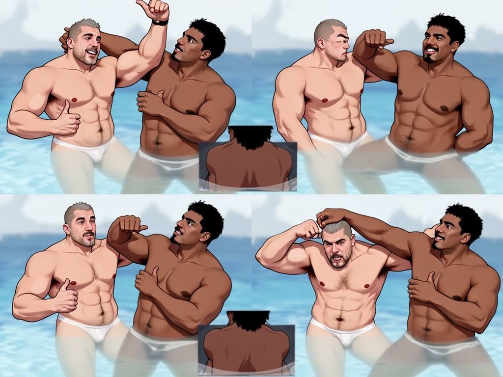 Comic-style illustration divided into several panels by the sea, with two muscular shirtless men waist-deep in clear blue water, playing and joking in a beach scene. One is light-skinned, with short gray hair and a trimmed beard, a defined torso, and a smiling or surprised expression depending on the panel; the other has brown skin, short black hair, an athletic body, and a cheerful expression while raising his arm, pointing, or comically touching his companion’s head. In the center, a third figure appears from behind, partially submerged, as an observer. The composition conveys camaraderie, physical humor, summer, the sea, muscular bodies, defined abs, and a relaxed bathing atmosphere in tropical waters.