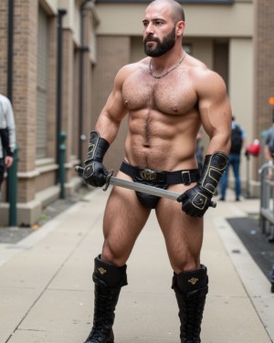 Figurante vestido de gladiador leather medio desnudo junto a una atracción turística de Roma. Se ven turistas al fondo 