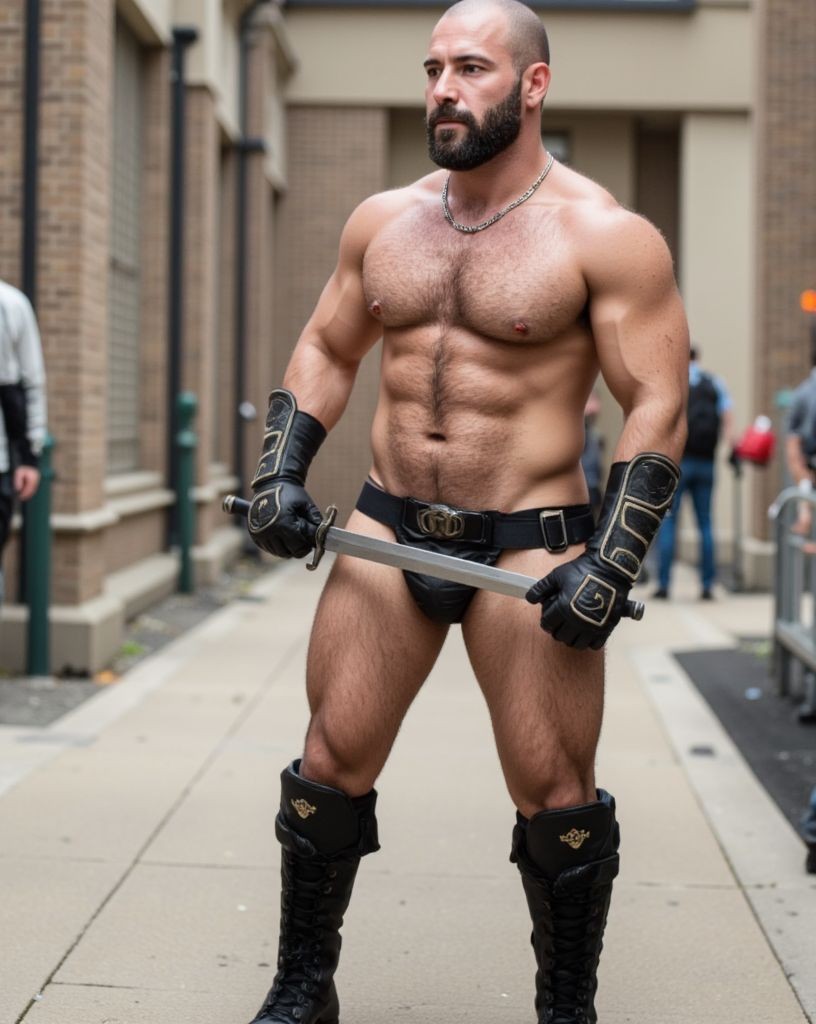 Figurante vestido de gladiador leather medio desnudo junto a una atracción turística de Roma. Se ven turistas al fondo 