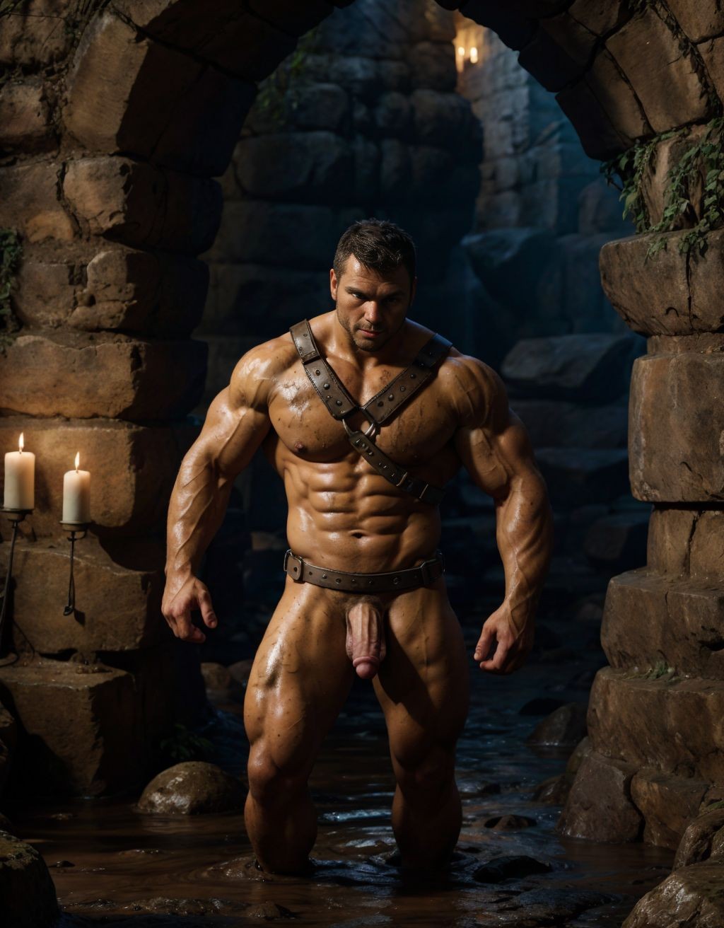 Hombres espartanos desnudos, penes visibles, con arneses de cuero, luchando ferozmente en un barro espeso, mazmorra antigua romana con piedras húmedas, iluminación tenue, atmósfera brutal y primitiva.