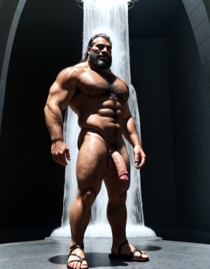 Hades está desnudo, es el dios del inframundo, en el mundo de los muertos, lugar tenebroso. Está desnudo. Tiene un pene muy grande y está erecto. Tiene cara de hombre fuerte. Tiene testículos enormes muy grandes. Tiene sandalias negras en sus pies. Está de perfil. Tiene mucho vello