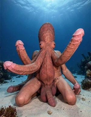 Un pulpo con un cuerpo bulboso y rojo,  tiene varios penes erectos de diferentes tamaños y glande rosa que se unen a su cuerpo en lugar de sus tentáculos. Cada pene es grueso y tiene una textura carnosa, con venas prominentes que recorren su longitud. Se encuentra en el fondo del mar