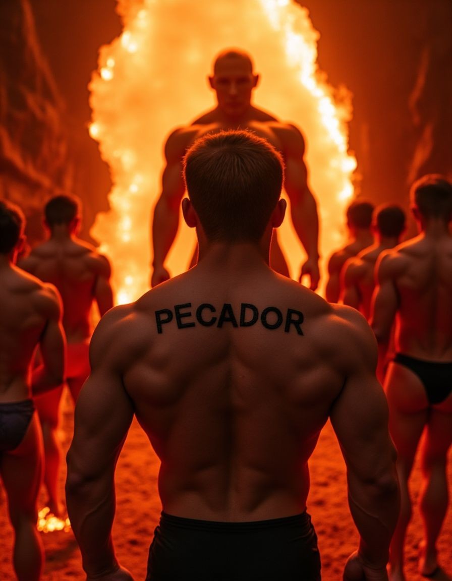 Un grupo de hombres desnudos se encuentran de pie frente a las puertas del infierno, sus cuerpos tonificados y musculosos expuestos, Llevan grabada la palabra 