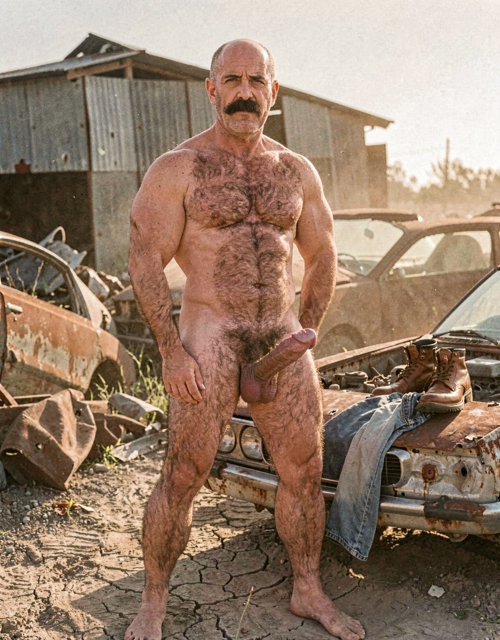 A 32-year-old Mike Morris as Mr. Harris stands completely naked and barefoot in a dusty abandoned scrapyard under the harsh Texas sun, surrounded by rusted car wrecks, crushed metal piles and an old corrugated iron shed with peeling paint. His face is long, square and angular with high prominent cheekbones, a wide defined jaw, and a strong chin with a subtle dimple, his high broad forehead fully exposed under the sun with advanced Norwood III-IV baldness leaving the crown completely smooth and shiny, only short dark brown hair remaining on the sides and back. His thick dense handlebar mustache in dark brown covers his entire upper lip, his serious threatening expression with deep-set dark brown almond-shaped eyes under heavy drooping lids staring directly at the viewer. Heat haze shimmers in the background. His short thick veined neck and developed trapezius muscles connect to massive square pectorals with visible striations, six defined ab blocks, and dense dark brown body hair spreading in a T-pattern across his chest and down to his extremely dense dark brown pubic bush. His thick 24 cm erect cock stands fully engorged at 5 cm wide, pointing upward with prominent thick dorsal veins and a pink-reddish glans fully exposed, the pale shaft skin starkly contrasting with the dark pubic bush. Large low-hanging testicles hang beneath with wrinkled darker skin. His heavily muscled extremely hairy thighs and diamond-shaped calves are covered in dark brown hair. His bare size 44 EU feet are planted on the dry cracked earth. A pair of brown leather work boots and faded blue jeans lie discarded on a rusted car hood beside him, suggesting he just stripped for the scene. Golden late afternoon sunlight casts long shadows across his muscular hairy body, dust particles floating in the warm air, with a 1970s gritty film aesthetic, warm amber and ochre color palette, visible film grain, and the raw documentary-style erotic photography of classic gay porn from that era.