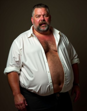 Un hombre de 70 años grande, gordo y muy peludo. Lleva la barba recortada y el pelo engominado hacia atrás. Es un auténtico macho español. Lleva el pantalón apretado y se le marca el paquete. En la parte de arriba solo lleva una camisa blanca cerrada que le queda pequeña. La camisa está en tensión y a punto de romperse marcando su cuerpo. Está sudado y sonriendo con un puro en la boca. Mira hacia el frente para sentir que te está mirando hacia tí. Tiene la mirada lasciva. Los pezones son gordos.