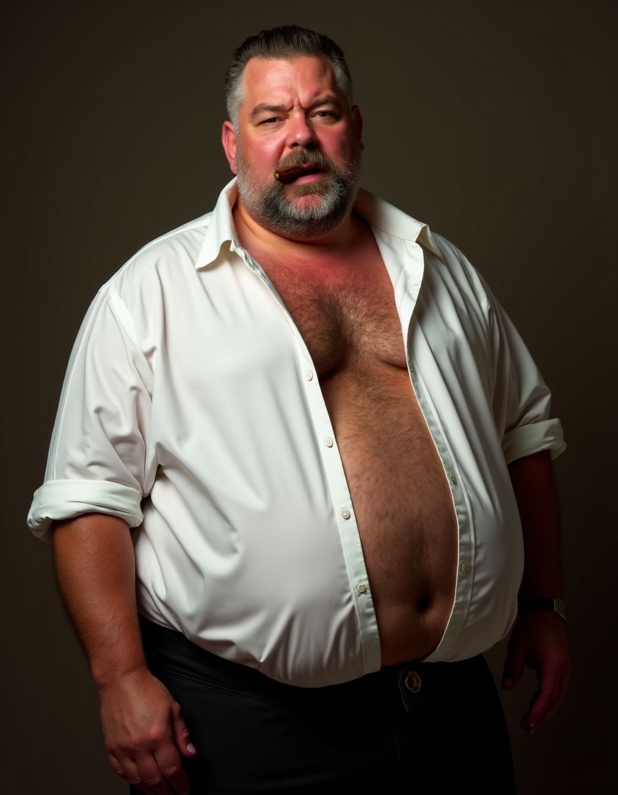 Un hombre de 70 años grande, gordo y muy peludo. Lleva la barba recortada y el pelo engominado hacia atrás. Es un auténtico macho español. Lleva el pantalón apretado y se le marca el paquete. En la parte de arriba solo lleva una camisa blanca cerrada que le queda pequeña. La camisa está en tensión y a punto de romperse marcando su cuerpo. Está sudado y sonriendo con un puro en la boca. Mira hacia el frente para sentir que te está mirando hacia tí. Tiene la mirada lasciva. Los pezones son gordos.