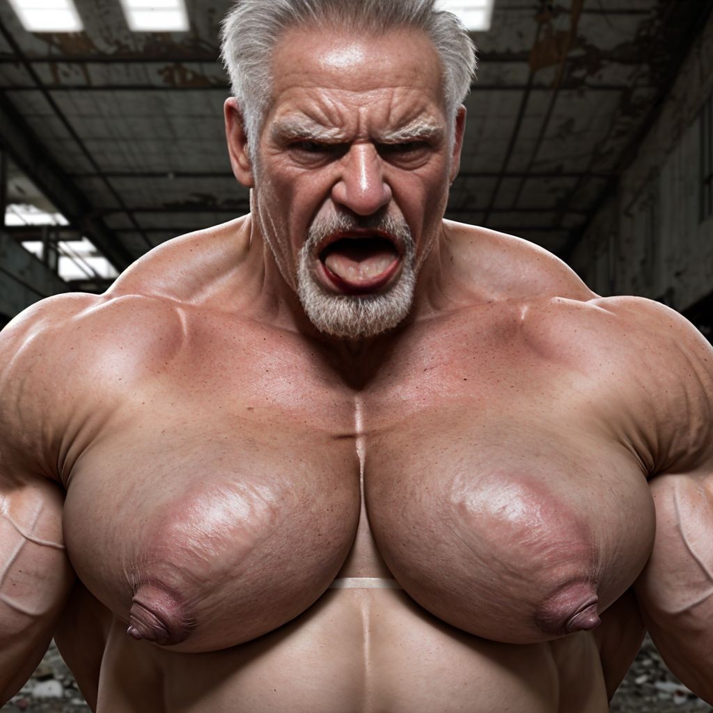 An extremely muscular older man appears in the foreground, shirtless, with a huge, shiny torso under harsh industrial lighting. His expression is aggressive and intense, with his mouth open as if he were shouting, a furrowed brow, a trimmed white beard, and gray hair combed back. His disproportionately large pectorals, visible nipples, massive shoulders, hypertrophied arms, and prominent veins stand out, conveying an exaggerated, hyperrealistic bodybuilding aesthetic. The background shows an abandoned warehouse or deteriorated industrial gym, with a metal ceiling, skylights, and worn walls, reinforcing a raw, powerful, and dramatic atmosphere.