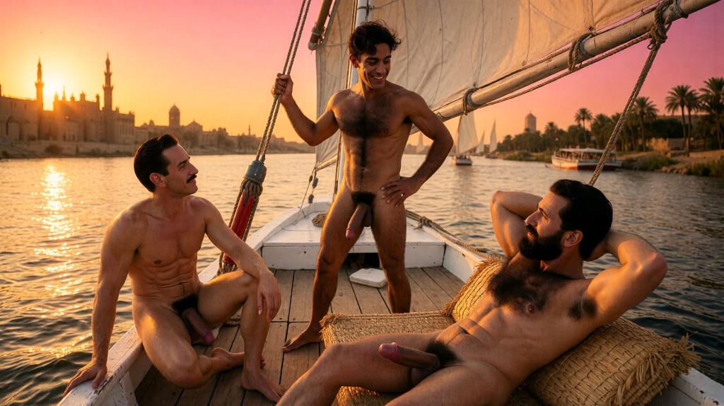 Full-body color photograph of three completely naked men on a felucca sailing on the Nile River at sunset, Cairo, 1938. Wide composition, all three visible from head to toe, zero deformations.

Center standing: The felucca captain, a young Egyptian man, 25 years, 1.78 m, 78 kg, completely naked, standing barefoot on the wooden deck, one hand gripping the mainsheet rope, the other resting on his hip. Olive-golden skin glowing in the sunset light. Thick black hair tousled by the wind, bright green eyes sparkling with warmth and mischief, wide smile showing perfect white teeth, cheerful expression. His entire body covered in dense black hair — thick on his chest, tracing a line down his abdomen, spreading across his shoulders and forearms, covering his legs. Heavy pectorals, muscular arms, defined abdomen. His uncircumcised cock semi-erect, thick and long, swinging slightly with the movement of the boat, dense black pubis, heavy testicles visible, green eyes fixed on the two passengers with attentive curiosity.

Foreground right: Masri, 30 years, lying on his back on an esparto mat, hands behind his head, thick black chest hair, olive-cetrina skin, thick beard. His circumcised cock soft, resting over his thigh, heavy testicles.

Foreground left on the gunwale: Errol Flynn, 30 years, sitting with feet dangling over the water, jet-black hair slicked back, thin black mustache, smooth golden-bronze torso, abdominal muscles sharply defined. His uncircumcised cock semi-erect rising at an angle, dense black pubic hair.

The young captain is looking at both men with a mix of hospitality and obvious attraction, his green eyes bright, his body completely at ease with his nudity, the rope in his hand controlling the sail, the wind sculpting his hairy chest.

Background: The Nile River glassy and golden, Cairo's silhouette of minarets and the Citadel against a blazing orange and pink sky, palm trees along the banks, other feluccas in the distance, the triangular white sail catching the warm wind, the entire scene bathed in golden hour light.

Hyperrealistic photography, extreme detail on chest hair, body hair, cocks, green eyes, skin texture, muscles, sweat, water reflections, sail fabric, golden hour light, warm tones, cinematic composition, film grain 1930s, zero deformations, natural aesthetic.