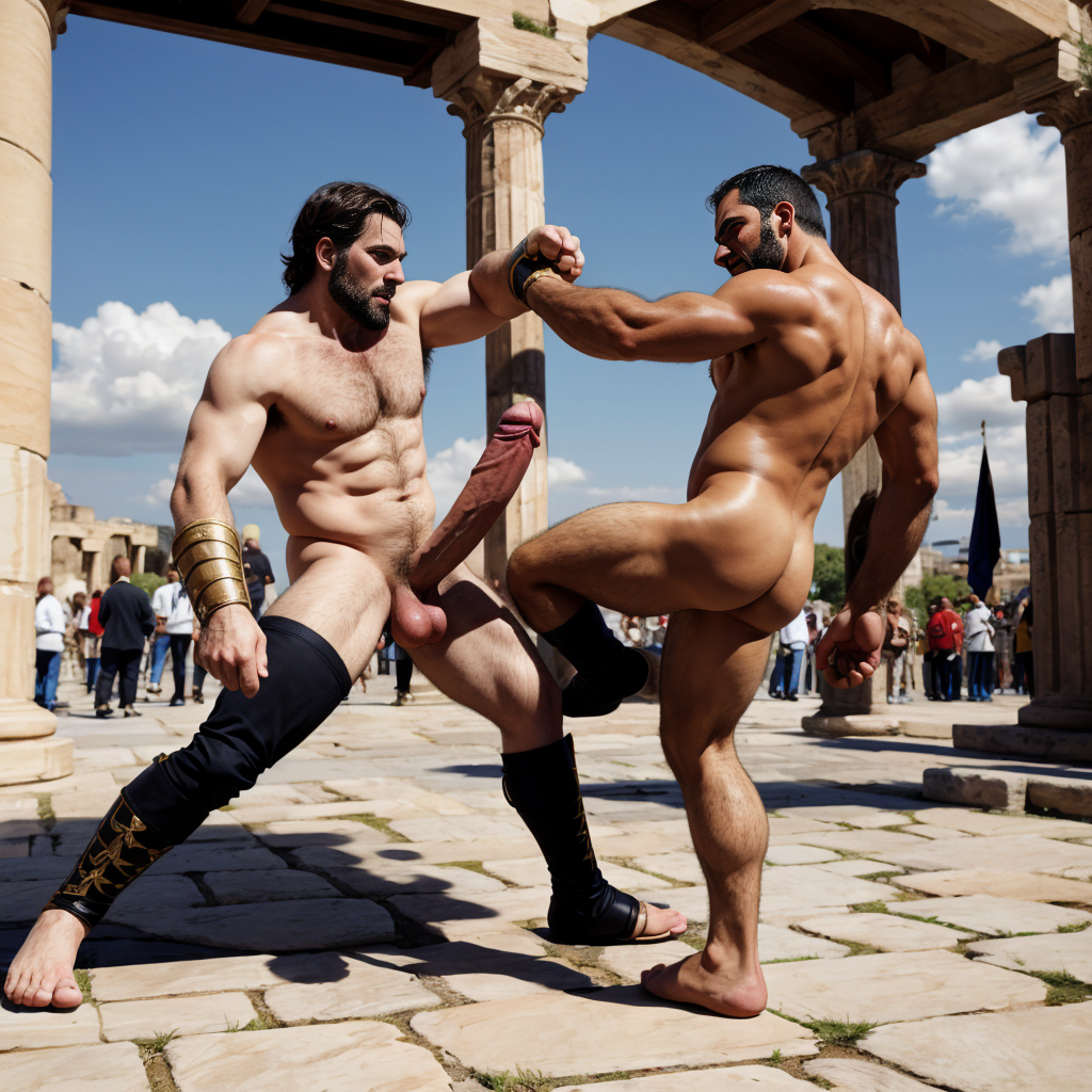Harmodio y Aristogitón están desnudos. Tienen grandes testículos muy velludos. Luchan en la plaza medieval de Atenas. Se golpean con sus grandes penes. Son musculosos y están delgados y bronceados. Tienen mucho vello por todo el cuerpo. Harmodio levanta la pierna derecha para lanzar un golpe con su pie derecho. Aristogitón rechaza a Harmodio. ⛓️🤺🤺