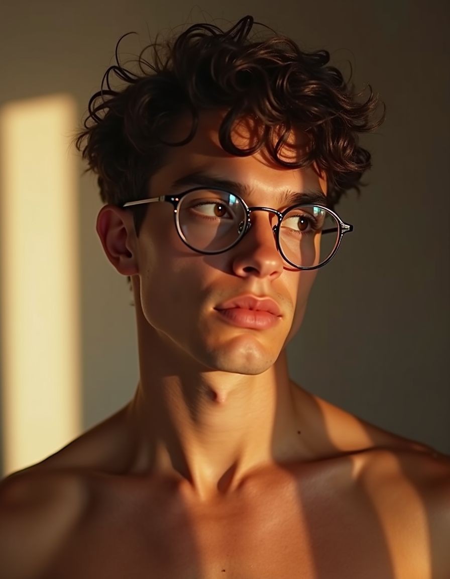 Young man with bare torso portrayed in close-up with warm, golden light entering from the side, creating marked shadows on the face, neck, and shoulders. He wears round glasses with dark frames that highlight his light-colored eyes, with his gaze directed toward a point off-camera and a serious, thoughtful, and serene expression. His dark brown hair, curly and messy, gives a natural and youthful style, while the illuminated skin shows soft reflections and defined contours on the collarbone and jaw. The neutral, out-of-focus background, together with the sunset lighting, reinforces an intimate, elegant, and cinematic atmosphere of a male portrait.