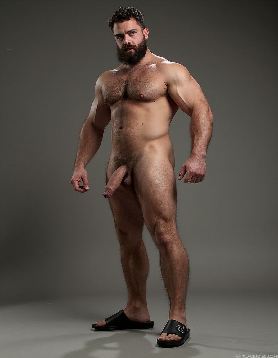 Hombre musculoso y muy velludo, completamente desnudo, con un cuerpo atlético y bien definido. Su pelo es de color castaño oscuro y sus ojos son de un verde intenso y penetrante. Su polla es grande y erecta, con una forma perfecta y proporcional a su cuerpo. Sus testículos están perfectamente desarrollados, son grandes y cuelgan con elegancia, demostrando su masculinidad. 

Lleva una barba de color castaño bien recortada, que le da un toque de elegancia y sofisticación, pero al mismo tiempo es abundante y bien definida, lo que realza su aspecto varonil. Sus pectorales están muy definidos, con una separación clara entre ellos, y sus abdominales están igualmente bien definidos, formando un conjunto de músculos que se pueden apreciar bajo su piel. 

Su cintura es estrecha y bien definida, lo que resalta su torso musculoso, y su culo es pequeño pero perfecto, con una forma redondeada y atractiva. En sus pies, lleva un par de sandalias negras, que contrastan con la tonalidad más clara de su piel y realzan su presencia. La imagen es hiperrealista, con detalles de alta calidad, y muestra al hombre en una pose que destaca su belleza y su masculinidad.