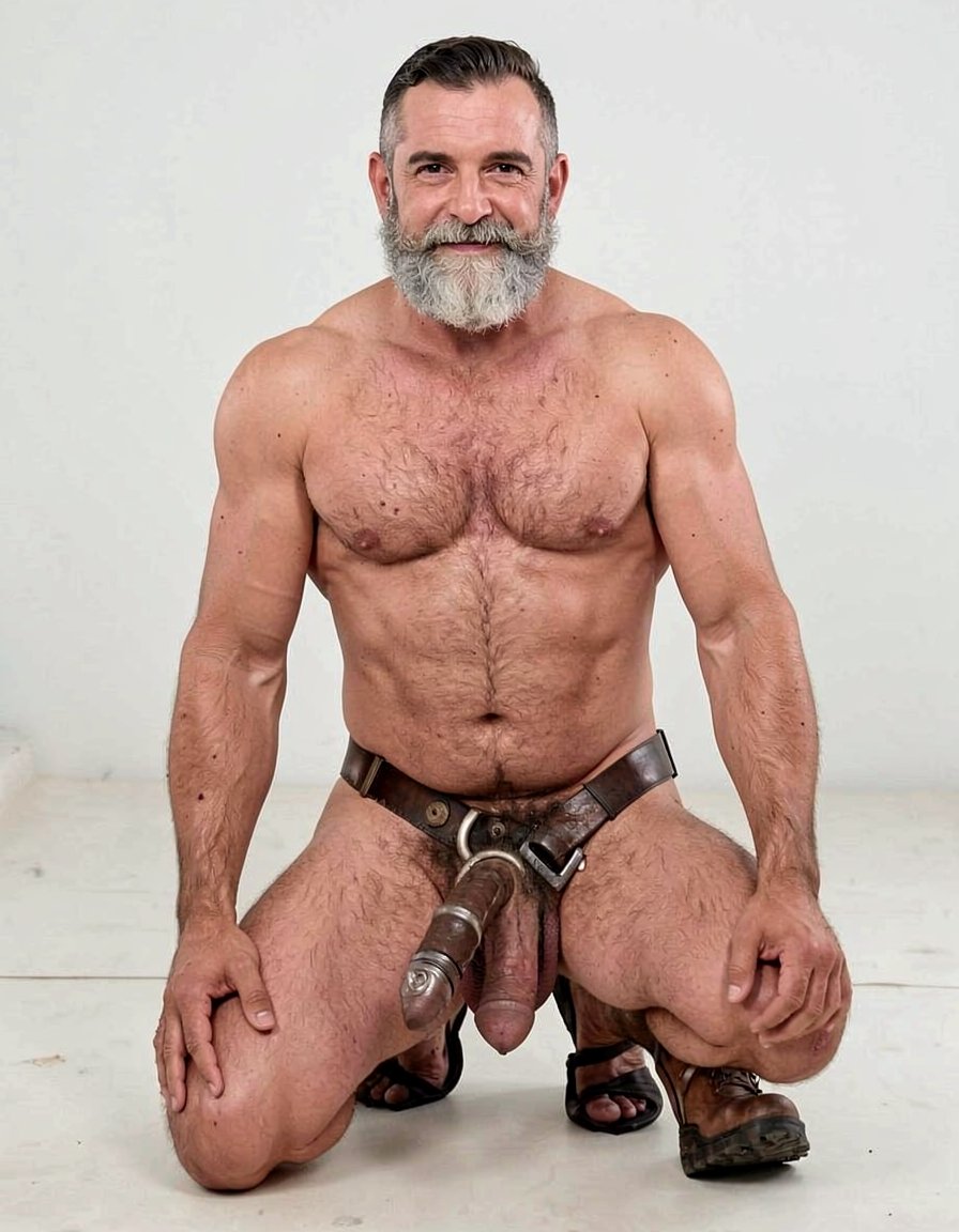 Hombre de 55 años de piel bronceada con barba buen cuerpo musculado  totalmente desnudo con arnés y suspensorio de cuero  de rodillas muestra su culo abierto 