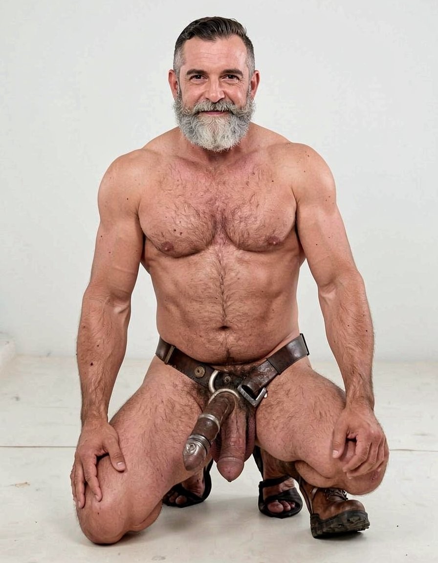 Mature, muscular man kneeling on a light-colored floor, bare-chested, with abundant hair on his chest and defined abdomen, looking straight ahead with a slight smile. He has short hair combed back and a thick gray beard that stands out against the minimalist white background. He wears a dark leather harness fitted around the waist and crotch, with straps and metal pieces that surround the penis and leave the testicles visible, creating a leather fetish aesthetic. His hands rest on his thighs, and he wears black sandals, reinforcing a frontal, confident, and dominant pose.