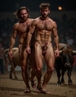 Un torero español musculoso y velludo de 50 años, con torso atlético y marcado, se muestra completamente desnudo, destacando su pene de 30 cm de longitud y 5 cm de grosor, perfectamente formado y rodeado de un denso vello púbico castaño oscuro. Sus testículos, perfectamente formados, cuelgan de forma prominente. La piel bronceada y sudorosa resalta su musculatura definida, con pectorales y abdominales bien marcados y sin grasa. El cabello largo y castaño oscuro está despeinado y sudoroso, con gotas de sudor resbalando por su frente y mejillas. Una barba incipiente y un vello corporal denso que se extiende por su pecho, piernas y brazos completan su apariencia viril. Lleva sandalias marrones en sus pies.

A su lado, un hombre musculoso y velludo de 30 años, completamente desnudo, muestra un pene erecto de 30 cm de longitud y 4 cm de grosor, hermoso y perfecto, rodeado de un denso vello púbico pelirrojo. Su piel bronceada y sudorosa muestra una musculatura definida, con pectorales y abdominales muy marcados. Tiene cabello pelirrojo despeinado y sudoroso. Tiene una barba pelirroja densa pero bien recortada. El vello corporal pelirrojo denso cubre su pecho, y tiene mucho vello pelirrojo en sus piernas y brazos, lo que realza su apariencia masculina y atlética. Están andando en la plaza de toros con un toro

Ambos hombres se encuentran en una plaza de toros, con sombras que resaltan su musculatura y vello corporal, creando un ambiente sensual y cargado de tensión. Están en pleno acto de pasión, con sus penes erectos y testículos prominentes ,destacando su musculatura, vello corporal y atributos viriles en una imagen impactante y llena de energía. La escena está llena de sensualidad y poder, con los dos hombres como protagonistas, en un ambiente cargado de pasión y erotismo. La imagen es híper realista, con detalles de alta calidad, y muestra la unión de los dos hombres en un acto de pasión y dominio, con sus cuerpos musculosos y velludos completamente desnudos y visibles, mostrando su excitación y pasión en cada detalle. Tienen sus penes erectos, desde la uretra del glande del pene eyaculan semen blanco lanzado en abundancia.