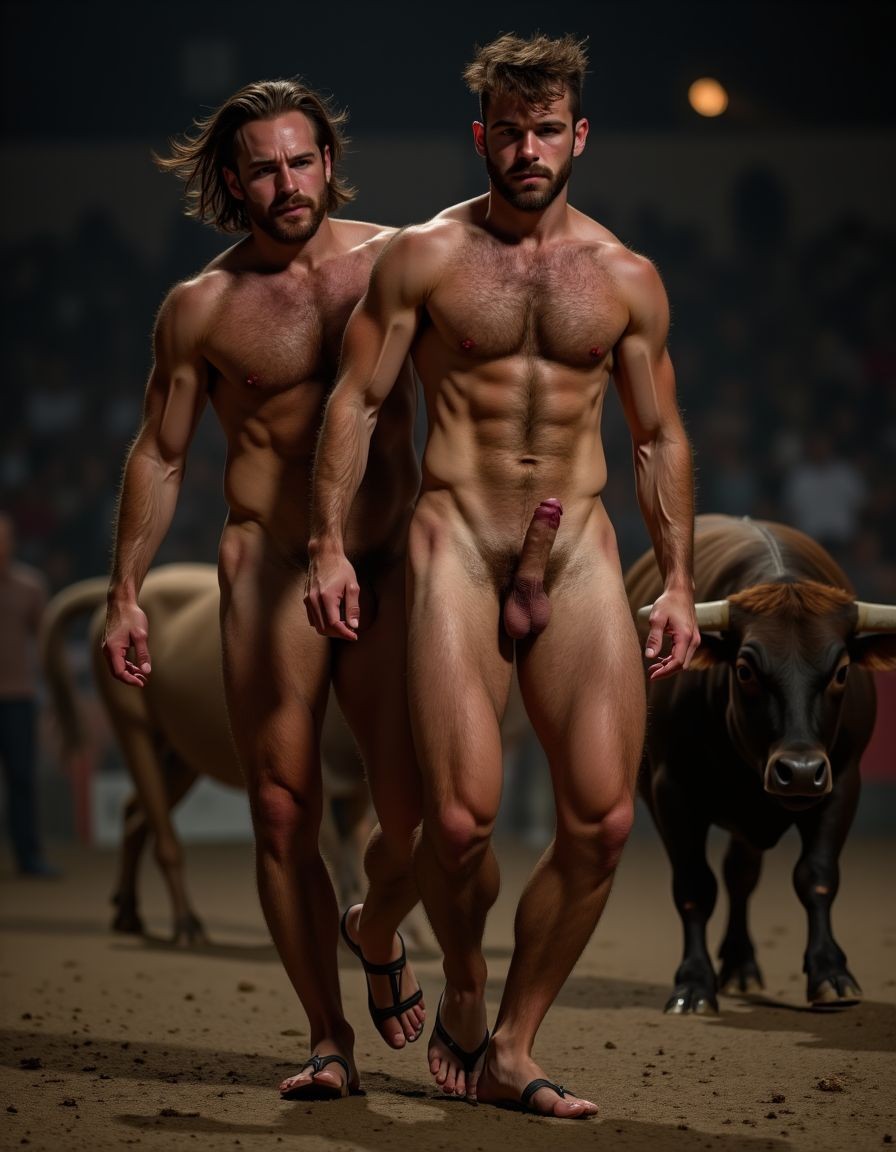 Un torero español musculoso y velludo de 50 años, con torso atlético y marcado, se muestra completamente desnudo, destacando su pene de 30 cm de longitud y 5 cm de grosor, perfectamente formado y rodeado de un denso vello púbico castaño oscuro. Sus testículos, perfectamente formados, cuelgan de forma prominente. La piel bronceada y sudorosa resalta su musculatura definida, con pectorales y abdominales bien marcados y sin grasa. El cabello largo y castaño oscuro está despeinado y sudoroso, con gotas de sudor resbalando por su frente y mejillas. Una barba incipiente y un vello corporal denso que se extiende por su pecho, piernas y brazos completan su apariencia viril. Lleva sandalias marrones en sus pies.

A su lado, un hombre musculoso y velludo de 30 años, completamente desnudo, muestra un pene erecto de 30 cm de longitud y 4 cm de grosor, hermoso y perfecto, rodeado de un denso vello púbico pelirrojo. Su piel bronceada y sudorosa muestra una musculatura definida, con pectorales y abdominales muy marcados. Tiene cabello pelirrojo despeinado y sudoroso. Tiene una barba pelirroja densa pero bien recortada. El vello corporal pelirrojo denso cubre su pecho, y tiene mucho vello pelirrojo en sus piernas y brazos, lo que realza su apariencia masculina y atlética. Están andando en la plaza de toros con un toro

Ambos hombres se encuentran en una plaza de toros, con sombras que resaltan su musculatura y vello corporal, creando un ambiente sensual y cargado de tensión. Están en pleno acto de pasión, con sus penes erectos y testículos prominentes ,destacando su musculatura, vello corporal y atributos viriles en una imagen impactante y llena de energía. La escena está llena de sensualidad y poder, con los dos hombres como protagonistas, en un ambiente cargado de pasión y erotismo. La imagen es híper realista, con detalles de alta calidad, y muestra la unión de los dos hombres en un acto de pasión y dominio, con sus cuerpos musculosos y velludos completamente desnudos y visibles, mostrando su excitación y pasión en cada detalle. Tienen sus penes erectos, desde la uretra del glande del pene eyaculan semen blanco lanzado en abundancia.