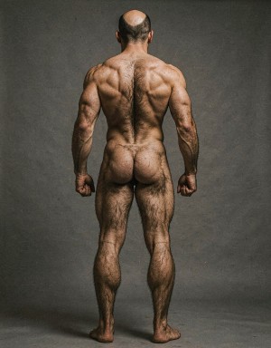 Mike Morris, a 32-year-old extremely lean Caucasian male at only 8% body fat, stands completely naked in a strict military attention pose seen from directly behind in a full posterior view. His back is perfectly straight, shoulders pulled back, arms rigid at his sides with fists clenched, legs straight and together, head held high. The shot captures him from the heels of his feet all the way up to the top of his bald head. His advanced Norwood III-IV baldness is clearly visible from behind, with a smooth tanned scalp on the crown and short dense dark brown hair only on the sides and lower back of the head. His back is highly defined and vascular: wide lats tapering dramatically to a very narrow, tight waist, thick trapezius muscles, and dense dark brown body hair lightly covering the shoulders and becoming much thicker and denser across the lower back and lumbar area, especially between the lats. His ass is tight, muscular and round with almost no fat, the glutes clearly separated. Thick dark hair continues down onto his powerful diamond-shaped calves and the backs of his slightly hairy feet. Dramatic directional studio lighting from above and slightly to the side creates strong highlights on his dry, shredded skin and deep shadows that accentuate every muscle fiber, the texture of his dense back hair, and the extreme vascularity and definition of his 8% body fat physique. Photorealistic, high-contrast, masculine 1970s Colt Studio aesthetic, grainy film texture, commanding and powerful presence. Las piernas están separadas 80 cm.  Se aprecia el surco entre glúteos  muy abierto con una separación de 4 centímetros entre glúteos. 