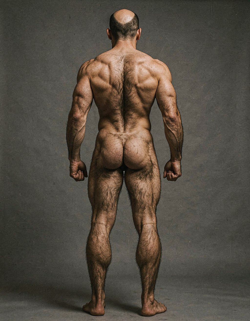 Mike Morris, a 32-year-old extremely lean Caucasian male at only 8% body fat, stands completely naked in a strict military attention pose seen from directly behind in a full posterior view. His back is perfectly straight, shoulders pulled back, arms rigid at his sides with fists clenched, legs straight and together, head held high. The shot captures him from the heels of his feet all the way up to the top of his bald head. His advanced Norwood III-IV baldness is clearly visible from behind, with a smooth tanned scalp on the crown and short dense dark brown hair only on the sides and lower back of the head. His back is highly defined and vascular: wide lats tapering dramatically to a very narrow, tight waist, thick trapezius muscles, and dense dark brown body hair lightly covering the shoulders and becoming much thicker and denser across the lower back and lumbar area, especially between the lats. His ass is tight, muscular and round with almost no fat, the glutes clearly separated. Thick dark hair continues down onto his powerful diamond-shaped calves and the backs of his slightly hairy feet. Dramatic directional studio lighting from above and slightly to the side creates strong highlights on his dry, shredded skin and deep shadows that accentuate every muscle fiber, the texture of his dense back hair, and the extreme vascularity and definition of his 8% body fat physique. Photorealistic, high-contrast, masculine 1970s Colt Studio aesthetic, grainy film texture, commanding and powerful presence. Las piernas están separadas 80 cm.  Se aprecia el surco entre glúteos  muy abierto con una separación de 4 centímetros entre glúteos. 
