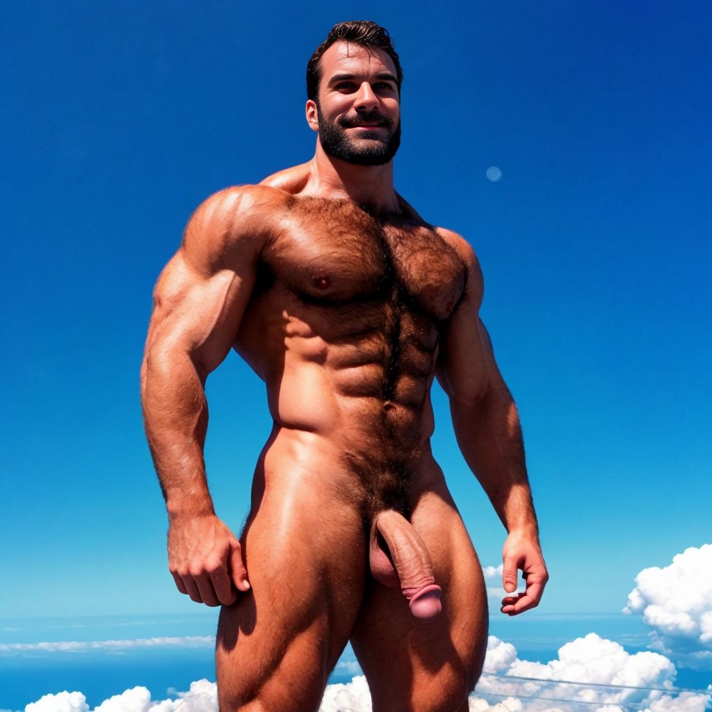 Un hombre velludo musculoso totalmente desnudo volando acostado en horizontal como superman sobre una nube en cielo azul. Tiene pene grande y efecto.