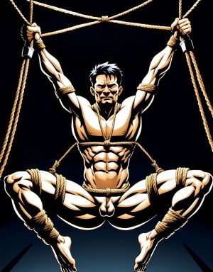 (((Hombre))) atado con mucha cuerdas y nudos, bondage extremo, en una cama bdsm
