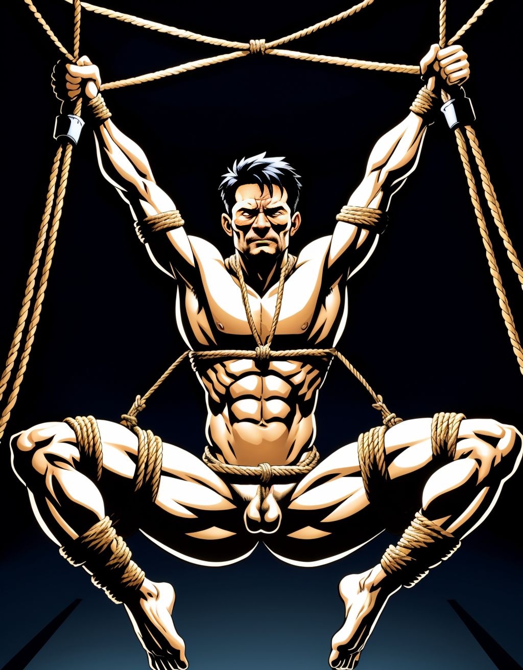 (((Hombre))) atado con mucha cuerdas y nudos, bondage extremo, en una cama bdsm