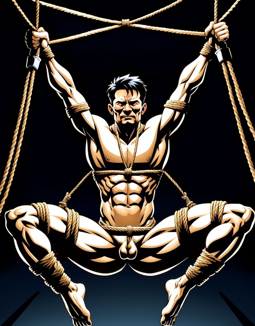 (((Hombre))) atado con mucha cuerdas y nudos, bondage extremo, en una cama bdsm