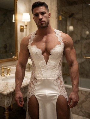 Muscular man standing in an elegant marble bathroom, looking forward with a serious expression and firm posture, dressed in a white lace and satin bridal-style garment, fitted to the torso and with a deep neckline that leaves the chest exposed. The design combines wide floral lace straps, transparent side panels, and a satin lower part with high slits at the thighs, creating a contrast between wedding dress aesthetics, fine lingerie, and an athletic body. In the background appear a golden mirror, warm light sconces, classic fixtures, and a bathtub, reinforcing an intimate, luxurious, and sophisticated atmosphere.