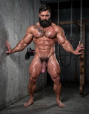 Hyperrealistic cinematic photograph taken from a rear three-quarter view, slightly elevated angle looking down. Full body visible, perfect anatomy and proportions with zero distortions. Dramatic side lighting in the dark brutal dungeon gym, high contrast, deep shadows, sweat glistening on skin and concrete floor.

Hipsterbarba stands dominant behind, 40 years old, 180cm, 80kg, 8% body fat, powerful muscle bear physique covered in dense dark body hair on back, shoulders and thick legs. Long Bandholz beard and handlebar mustache visible from the side. Your hips are pressed forward, burying your thick veiny cock completely to the root inside Anil. Your heavy hairy balls are tight against his stretched hole.

Anil stands in front with both hands pressed flat against the rough concrete wall, 25 years old, extreme bodybuilder slave, 175cm, 80kg, 6% body fat, completely smooth tanned skin from the neck down. Massive V-taper back with fresh red whip marks, round firm glutes spread wide. The angle clearly shows your thick cock stretching his pink swollen asshole to the limit with deep penetration. The tight metal cock ring squeezes the base of his swollen purple cock that hangs down dripping a long continuous string of precum onto the floor. His legs are spread wide, back slightly arched, head down in total submission, body trembling.

Hanging chains, wooden stocks and BDSM equipment visible in the dark background. Extreme photorealistic detail, visible stretch and depth of penetration, sweat, red lash marks and the raw intensity of total ownership from this rear elevated angle.