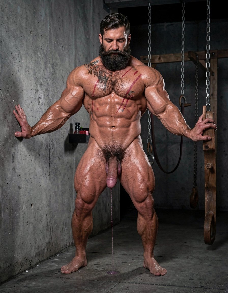 Hyperrealistic cinematic photograph taken from a rear three-quarter view, slightly elevated angle looking down. Full body visible, perfect anatomy and proportions with zero distortions. Dramatic side lighting in the dark brutal dungeon gym, high contrast, deep shadows, sweat glistening on skin and concrete floor.

Hipsterbarba stands dominant behind, 40 years old, 180cm, 80kg, 8% body fat, powerful muscle bear physique covered in dense dark body hair on back, shoulders and thick legs. Long Bandholz beard and handlebar mustache visible from the side. Your hips are pressed forward, burying your thick veiny cock completely to the root inside Anil. Your heavy hairy balls are tight against his stretched hole.

Anil stands in front with both hands pressed flat against the rough concrete wall, 25 years old, extreme bodybuilder slave, 175cm, 80kg, 6% body fat, completely smooth tanned skin from the neck down. Massive V-taper back with fresh red whip marks, round firm glutes spread wide. The angle clearly shows your thick cock stretching his pink swollen asshole to the limit with deep penetration. The tight metal cock ring squeezes the base of his swollen purple cock that hangs down dripping a long continuous string of precum onto the floor. His legs are spread wide, back slightly arched, head down in total submission, body trembling.

Hanging chains, wooden stocks and BDSM equipment visible in the dark background. Extreme photorealistic detail, visible stretch and depth of penetration, sweat, red lash marks and the raw intensity of total ownership from this rear elevated angle.