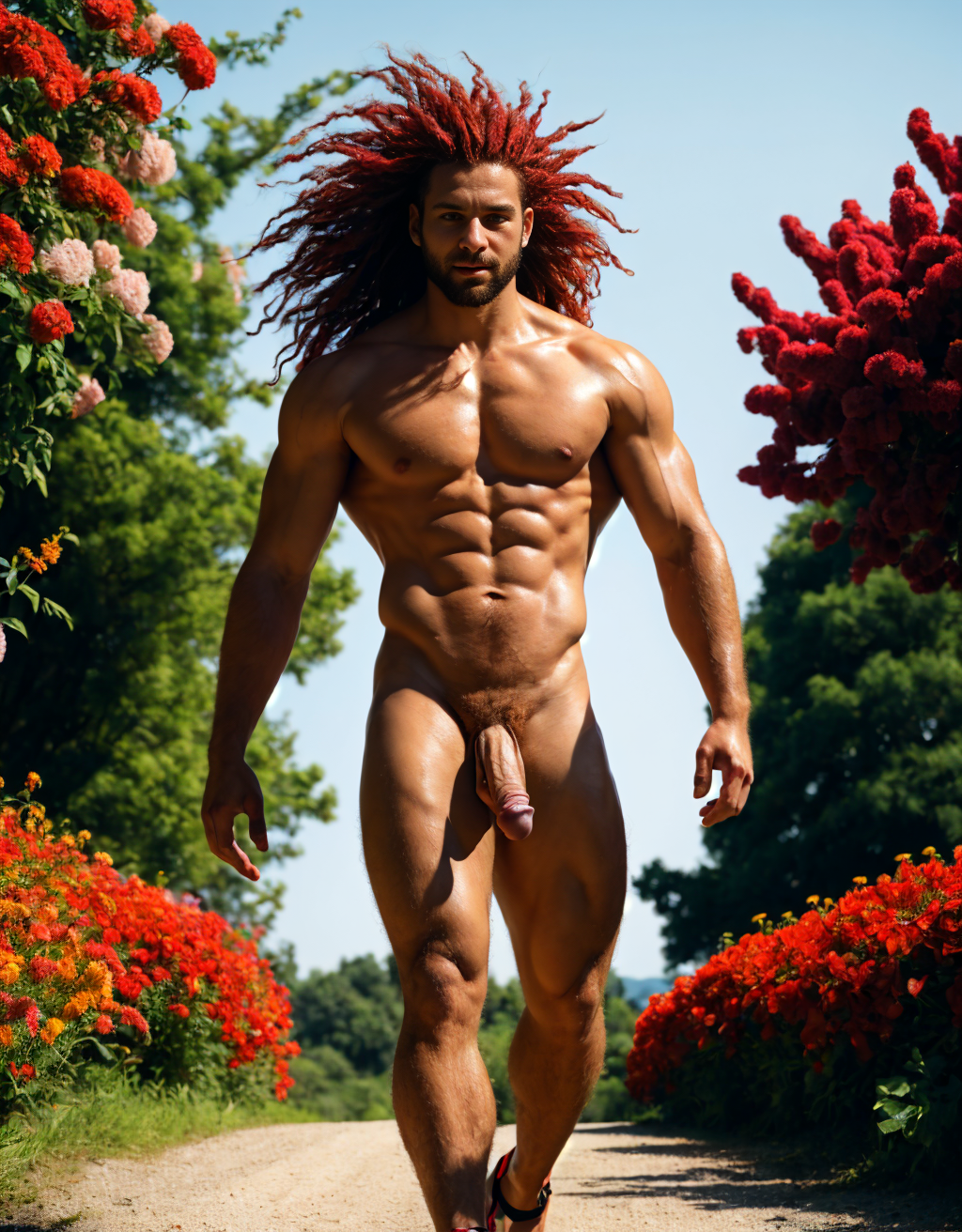 Hombre rojo desnudo musculoso, tiene pene rojo, tiene testículos rojos. Tiene sandalias rojas. Tiene mucho vello pelirrojo. Tiene pelo largo pelirrojo. Tiene pezones grandes largos y puntiagudos. Está andando por un camino en el campo con flores rojas y naranjas. Sale líquido por sus pezones