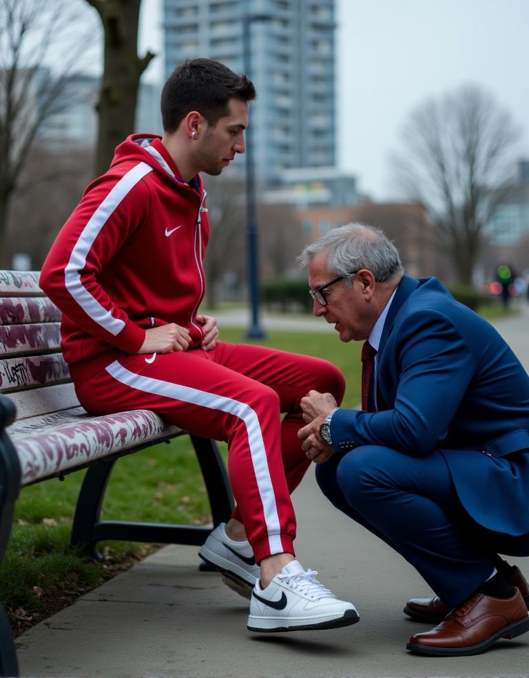 A young man in a red Nike tracksuit, with white stripes on the sleeves and pants, is sitting on a park bench while an older man in a blue suit, glasses, and brown shoes crouches in front of him to examine or attend to his leg. The scene appears to take place in an outdoor urban setting, with grass, leafless trees, a sidewalk, and tall buildings blurred in the background. The man’s focused gesture and the young man’s posture, with his hands near his abdomen and one leg extended forward, suggest an informal medical checkup, a sports injury, or a helpful conversation in the middle of the street. The atmosphere is cold and calm, with soft light and a blurred background.