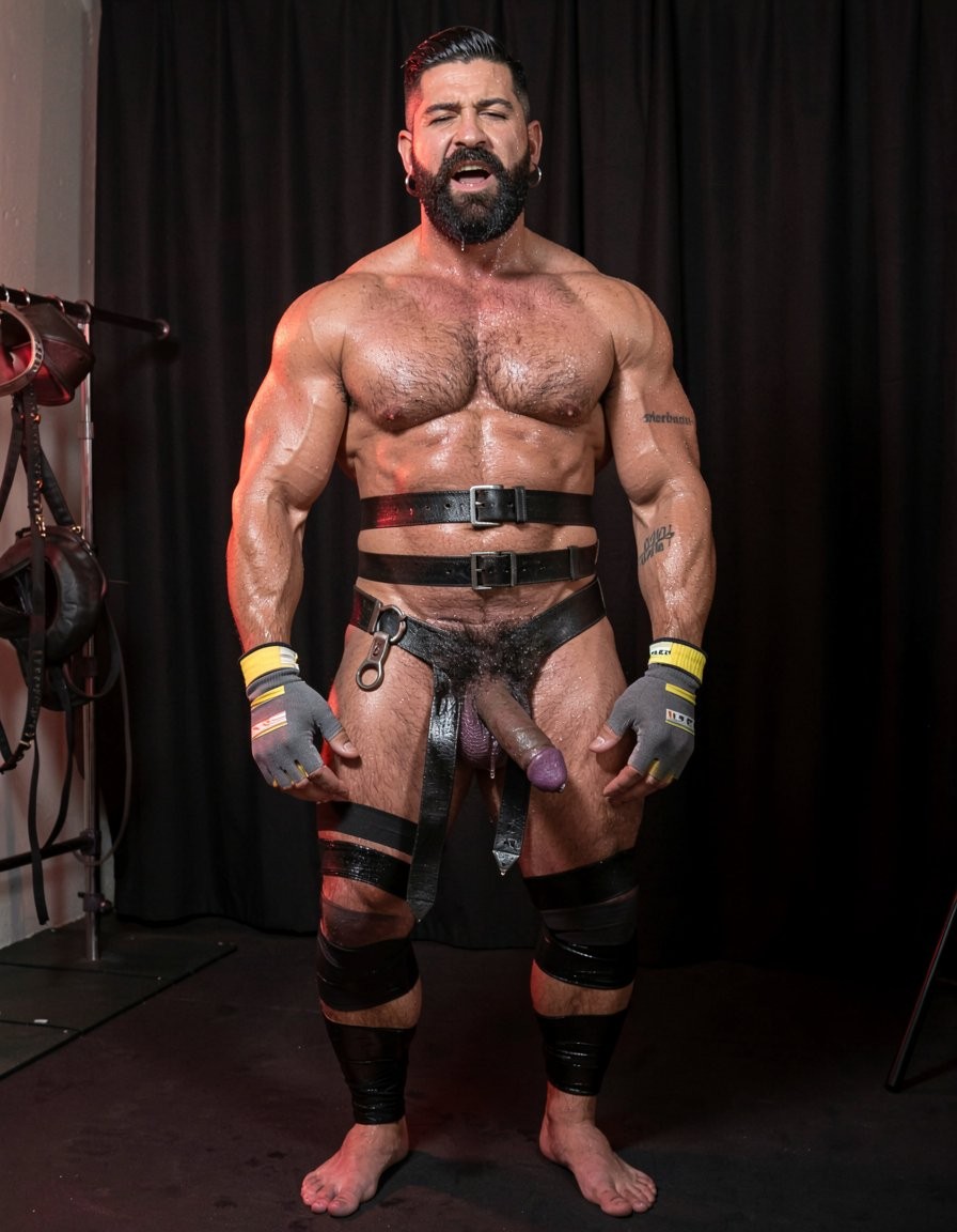 In a dimly lit extreme fetish backroom behind a heavy black leather curtain in Santorini, thick with the raw scent of latex, leather, rubber and masculine sweat, Dimitris stands completely immobilized in a full vertical composition with perfect anatomy visible from the top of his head to his bare feet planted on the dark concrete floor. The 32-year-old Greek vineyard worker has an ultra-muscular competition physique at 5% body fat, deep bronzed skin drenched in heavy sweat that makes his dense black body hair glisten across his massive pecs, sharply carved eight-pack abs, obliques, veiny traps, shoulders, thick arms and powerful thighs. He has short jet-black hair with high faded sides, a thick long well-groomed black beard seamlessly connected to a dense mustache, a silver hoop earring in his left ear, and a small “hipsterbarba” tattoo on his right bicep. He wears only his grey work gloves with yellow and white stripes. A heavy black leather bondage harness with thick straps and steel D-rings tightly cinches his torso and pelvis. His large hairy balls are brutally stretched downward by a steel scrotum stretcher with two wide polished stainless steel rings and two heavy 0.5 kg lead weights hanging from the bottom ring. From just above his knees to his waist, multiple tight layers of black elastic compression bandages and shiny black latex strips compress his thighs, pelvic area, the base of his swollen thick-veined cock and upper scrotum into one glossy black cylindrical bundle, the engorged purple glans visibly throbbing and dripping thick strands of precum that seep through the shiny material. A thick curved black silicone prostate massager is buried deep inside his rectum, its bulbous head pressed firmly against his prostate, the wide base flush against his hairy ass while it vibrates intensely. Every muscle in his torso, back and legs is tensed to the limit from the overwhelming internal pleasure, his abdomen contracting in visible spasms, sweat running in rivulets down his matted black body hair, his head slightly thrown back with mouth open in a deep guttural moan, eyes half-lidded in raw ecstasy. Dramatic cinematic red and amber lighting from above and the side creates strong specular highlights on the wet skin, glossy latex, polished steel rings and weights, and carves deep dramatic shadows that accentuate every vein, bulge, contour and contraction of his hyper-muscular frame. In the background, faint racks of rubber suits, pony masks and spiked harnesses are visible. Ultra-photorealistic, heavy masculine atmosphere of extreme compression, prostate milking, intense involuntary pleasure and total fetish submission.