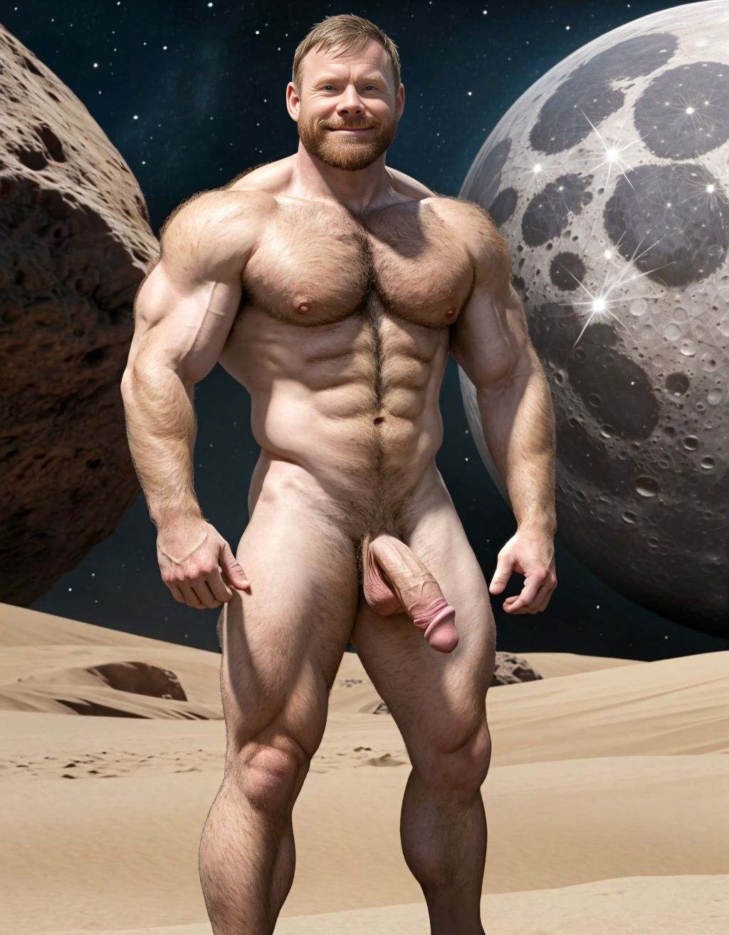 Neil Armstrong desnudo totalmente desnudo. Tiene el pecho con vello y brazos con vello. Está totalmente desnudo de pie y pisando el suelo Lunar. Está musculoso. Tiene pene grande erecto. Tiene testículos grandes. Tiene mucho vello y pelo. Foto muy realista texturas 8k. 