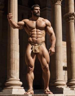 Octavio Augusto es emperador de Roma. Está desnudo de pie. Es delgado y muy alto. Tiene un pene grande y erecto. Tiene mucho vello por todo el cuerpo. Tiene sandalias de color marrón en los pies. A su lado hay tres militares romanos del siglo uno antes de cristo que tienen grandes penes erectos. Tiene músculos muy definidos. 