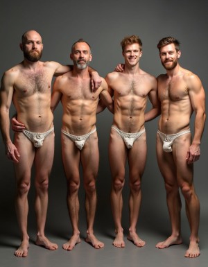 Cuatro hombres posan de pie en un estudio con fondo gris, descalzos y sin camiseta, llevando ropa interior blanca tipo slip o tanga con aspecto texturizado. Están colocados muy juntos, con los brazos sobre los hombros y la cintura de los demás, transmitiendo una actitud relajada y de camaradería. Sus cuerpos son atléticos y definidos, con torsos musculados, abdomen marcado, vello corporal visible y piernas descubiertas. El primero es calvo y tiene barba poblada; el segundo luce barba canosa y menos pelo; el tercero, más joven, sonríe con pelo rizado rojizo; y el cuarto tiene barba cuidada y peinado voluminoso. La iluminación de estudio resalta la piel, la musculatura y la postura frontal del grupo.