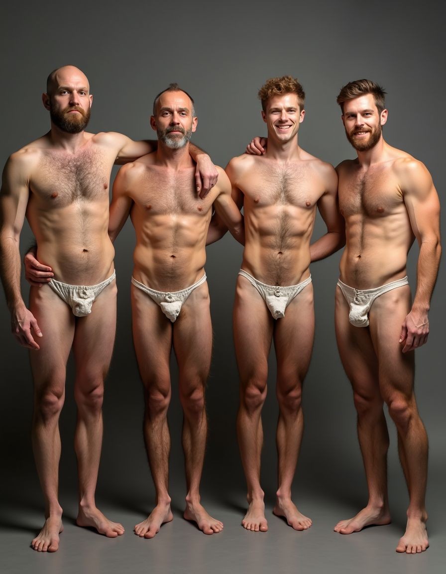 Four men pose standing in a studio with a gray background, barefoot and shirtless, wearing white brief- or thong-style underwear with a textured look. They are positioned very close together, with their arms over each other’s shoulders and waists, conveying a relaxed attitude of camaraderie. Their bodies are athletic and defined, with muscular torsos, marked abs, visible body hair, and bare legs. The first is bald and has a full beard; the second has a gray beard and less hair; the third, younger, smiles with reddish curly hair; and the fourth has a well-groomed beard and voluminous hairstyle. The studio lighting highlights the skin, musculature, and frontal pose of the group.