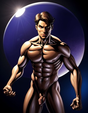Hombre desnudo de 25-30 años, pelo oscuro, ojos marrones intensos, equilibrado sobre una esfera gigante de azulejos de espejo, con expresión de intensidad controlada y miedo, manos extendidas, dedos separados, contra un fondo índigo oscuro con iluminación dramática.