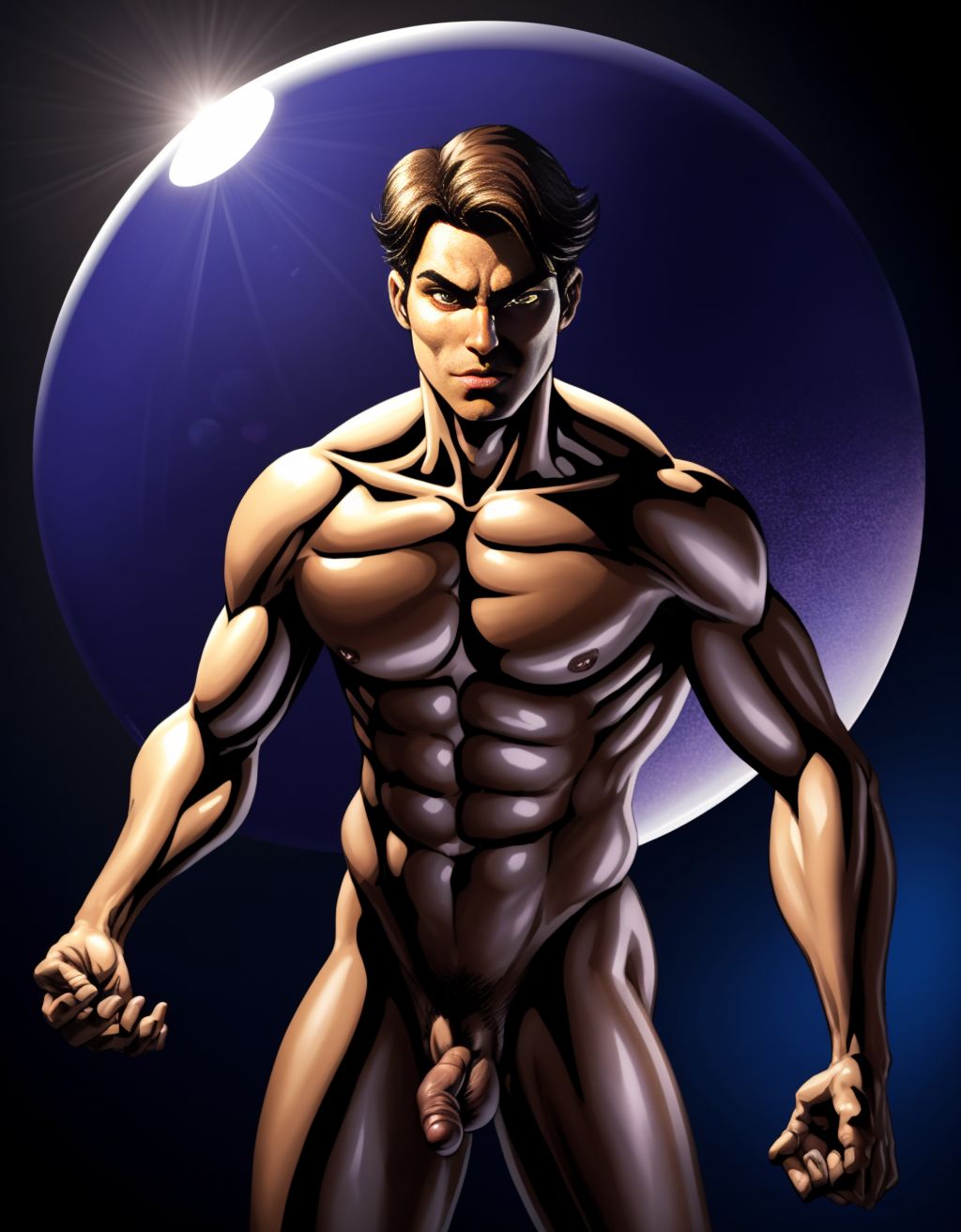 Hombre desnudo de 25-30 años, pelo oscuro, ojos marrones intensos, equilibrado sobre una esfera gigante de azulejos de espejo, con expresión de intensidad controlada y miedo, manos extendidas, dedos separados, contra un fondo índigo oscuro con iluminación dramática.