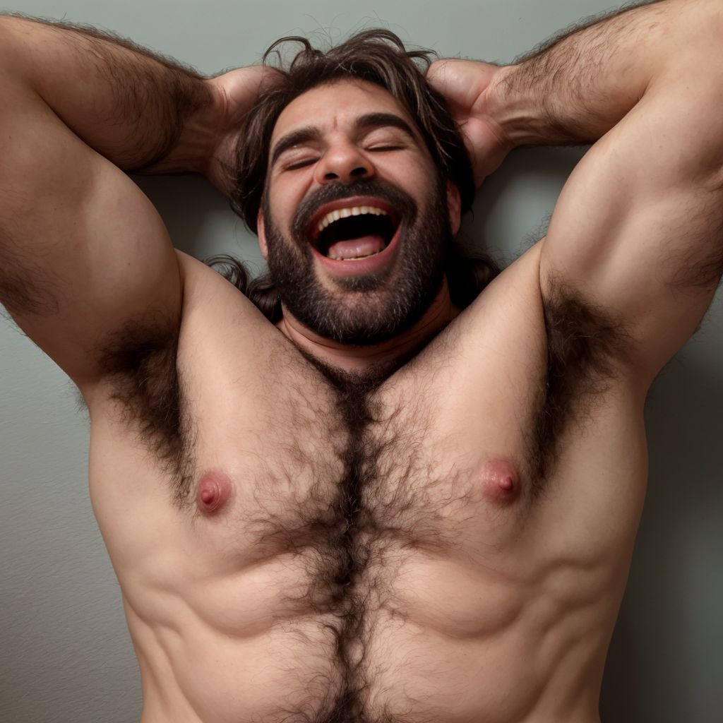 Hombre desnudo, recibiendo cosquillas en las axilas peludas, sonriendo, piel sensible, dedos suaves tocando, axilas cubiertas de vello, músculos tensos, risa y jadeo, ambiente juguetón y sensual.